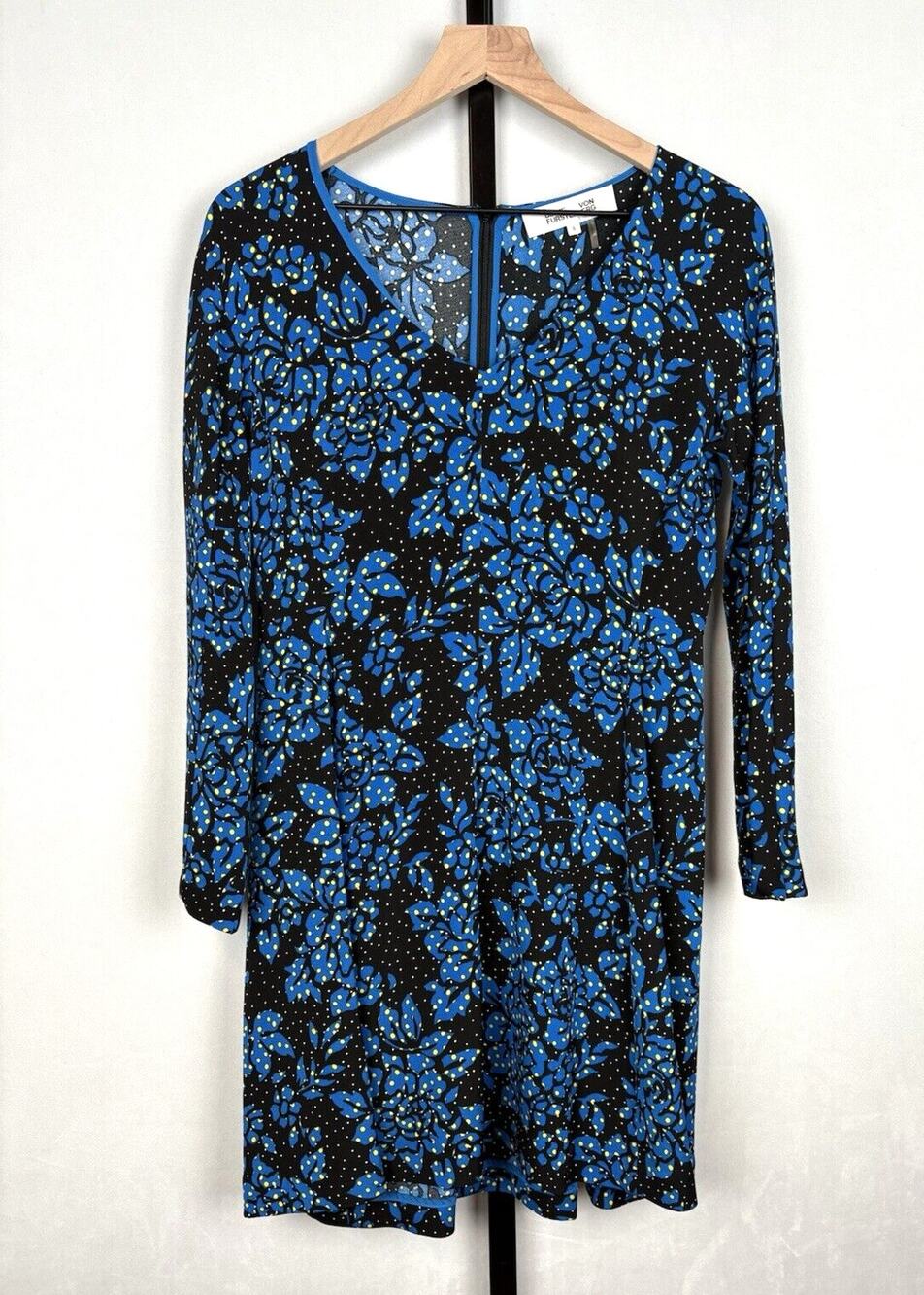 Diane von Furstenberg Floral Dress Womens 6 Black Blue Silk Long Sleeve Designer